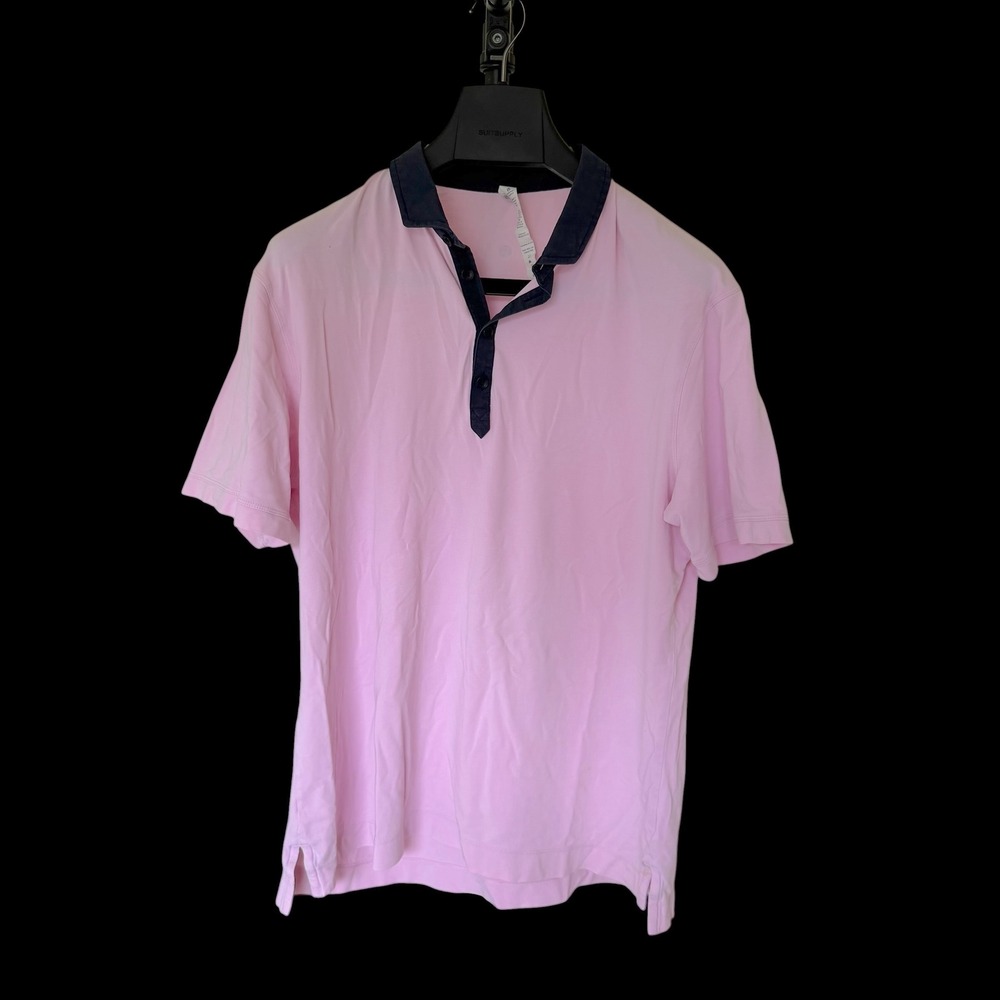 Lululemon Athletica XL Pink Short Sleeve Polo Shirt Navy Collar Pima Cotton